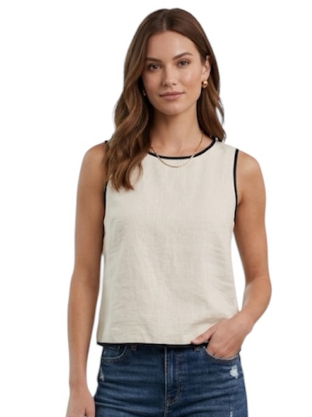 Tahari Linen Blend Cream Loose Fit Tank Top